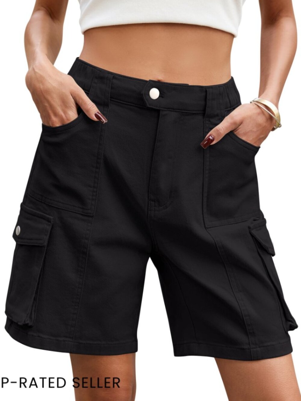 High Waisted Cargo Shorts Bermuda Style Elastic Waist Y2K Trendy Casual
